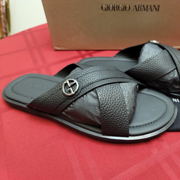 Auth GIORGIO ARMANI Midnight Black Leather Slides main image 9